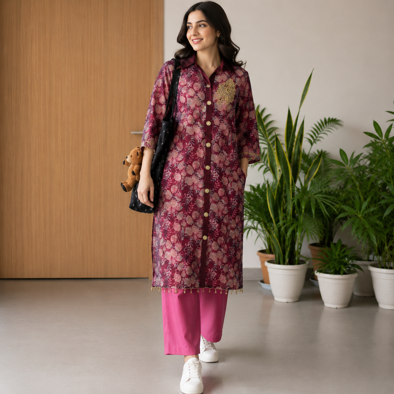 Women's Maroon Floral Lace Button-Down Long Shirt with Golden Patch